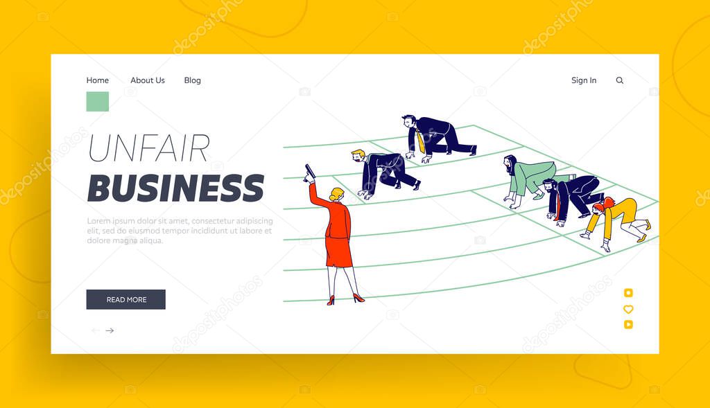 Unfair Business Competition Landing Page Template. Men and Women Characters Stand in Low Start Posture Prepare to Run