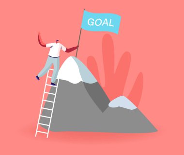 Erkek Yeni Yüksekliğe Çıktı. İş adamı yüksek dağa tırmanıyor. İşadamı Merdiven Üzerinde Ayağa Kalkın, Hedefi Kaya Zirvesine Kurun