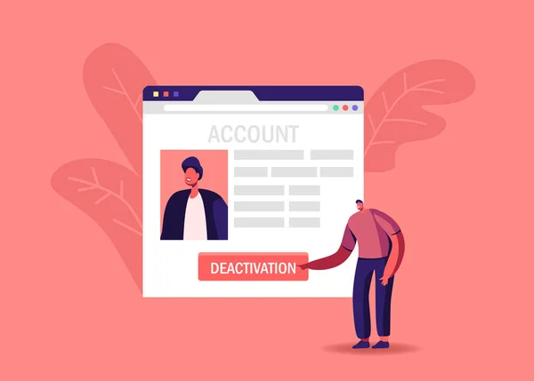 Male Character Push Deactivation Button Delete Social Account. Tiny Man at Huge Network Web Page Deleting Private Info — Stock Vector