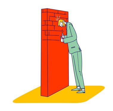 Desperation Hopeless Concept. Businessman Character Stand at High Wall Hit with Head trying to Move it. Problem Overcome clipart