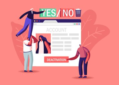 Sosyal Hesap Etkisizleştirme Konsepti. Küçük Erkek ve Kadın Karakterler Dev Web Sayfasında Silme düğmesine basın, Bilgiyi İptal Et