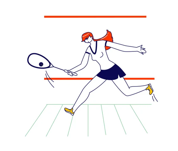 Młoda dziewczyna w odzieży sportowej Zagraj w squasha pr Big Tennis na korcie. Sportowiec Character Holding Rakieta uderzenie piłkę, Sport — Wektor stockowy