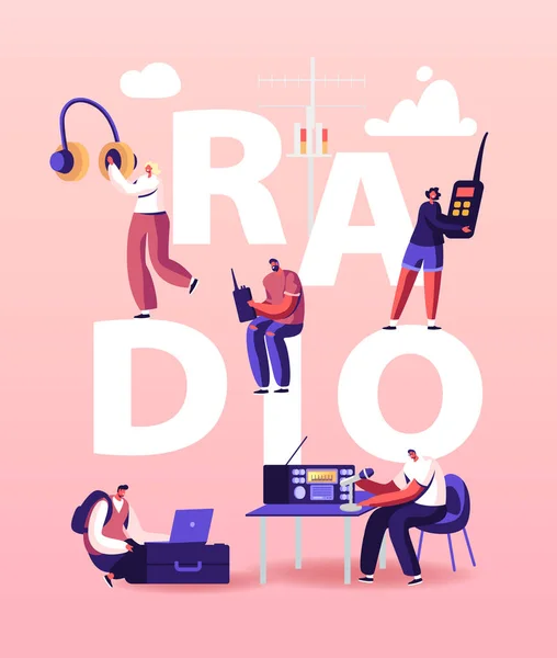 Mensen en Radio Concept. Man en vrouw Radio Dj Karakters in Headset Spreek tot Microfoons, Omroepprogramma — Stockvector