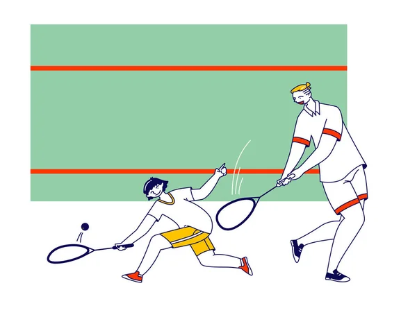 Erwachsene und Kinder spielen Squash. Vater und Sohn oder Trainer und Student Sporttraining oder Wettbewerb auf dem Tennisplatz — Stockvektor