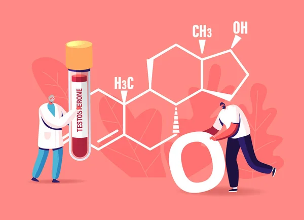 Testosterona teste de sangue e conceito de saúde dos homens. Paciente masculino minúsculo na fórmula enorme da hormona, nos diagnósticos e no tratamento —  Vetores de Stock