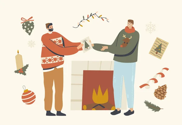 Οι αρσενικοί χαρακτήρες αλλάζουν τις ευχετήριες κάρτες Χριστουγέννων κοντά στο τζάκι. Θερμός χειμώνας Συγχαρητήρια σε φίλους και οικογένεια — Διανυσματικό Αρχείο