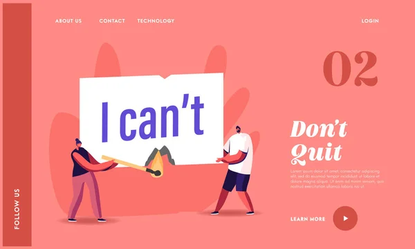 Motivation, Human Inner Resources and Aspiration Landing Page Template. Tiny Characters Burning Paper with I Cant Text — Stock Vector
