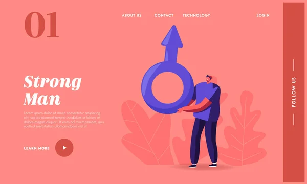 Masculinidade, Homem e testosterona Landing Page Template. Caracteres masculinos minúsculos seguram enorme símbolo de Marte. Doença hormonal — Vetor de Stock