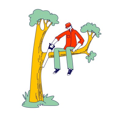 Stupid Male Character Sawing Off the Tree Branch He is Sitting on. Man Idiot or Fool Harm to himself, Making Mistake clipart