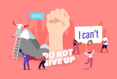 Motivasyon ve Arzu kavramı. Minik Karakterler Engelleri Aşar, Kaya 'ya Tırmanma, Hedefe Ulaşım, New Heights