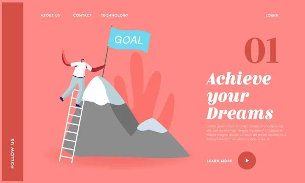 Carriera di successo, Victory Landing Page Template. Uomo d'affari personaggio arrampicata su alta montagna. Uomo d'affari su Peak — Vettoriale Stock