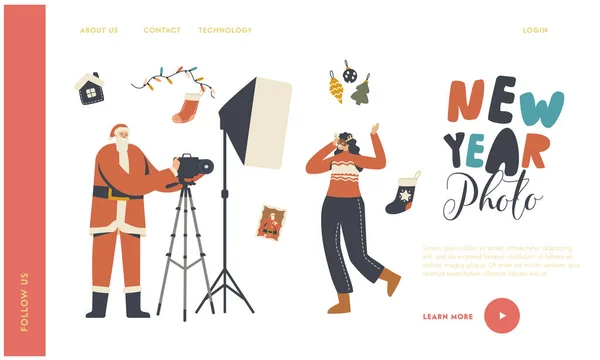 Νέο Έτος και Χριστούγεννα Φωτογραφία συνεδρία Προσγείωσης Πρότυπο σελίδας. Χαρούμενη Γυναίκα Χαρακτήρας σε Εορταστική Μάσκα Απόσπασμα στην κάμερα — Διανυσματικό Αρχείο
