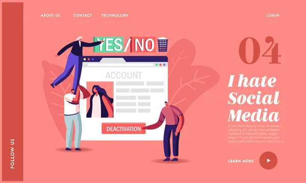 Social Account Deactivation Landing Page Template. Tiny Male Female Characters Push Deleting Button at Huge Web Page — Stock Vector