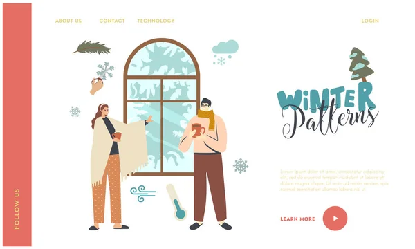 Noel Tatil İniş Sayfası Şablonu. Sıcak Giysiler İçinde Kış Pencere Manzarası ve Sıcak İçeceklerin Tadını Çıkaran Karakterler — Stok Vektör
