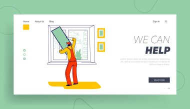 Müteahhit İniş Sayfa Şablonu. Tulum İşçisi Plastik Pencere Üzerine Sivrisinek Ağı Kuruyor