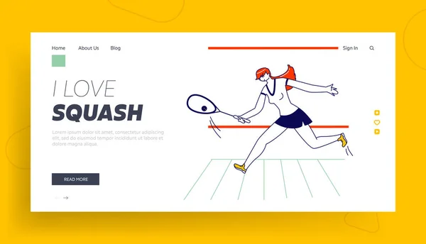 Girl Play Squash pr Big Tennis on Court Landing Page Template.. Sportswoman Character Hold Racket Hitting Ball, Sport — Stock Vector