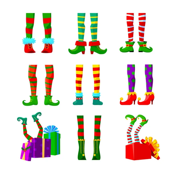 Ensemble d'icônes jambes d'elfes, éléments de conception de Noël, pieds drôles mignons de caractère de Noël dans des chaussettes rayées et des chaussures bruyantes — Image vectorielle