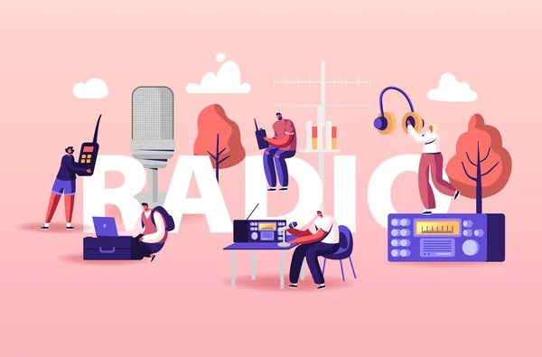 People and Radio Concept. Personajes de Dj de radio masculina y femenina en auriculares Hablar con micrófonos, Programa de radiodifusión — Vector de stock