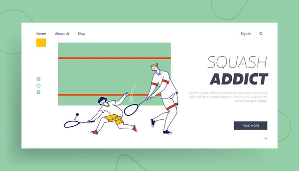 Erwachsene und Kinder spielen Squash Landing Page Template. Vater und Sohn oder Trainer und Sportstudent — Stockvektor