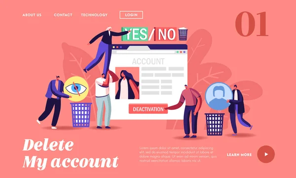 Mall för landningssida för inaktivering av socialt konto. Små tecken på enorma sociala nätverk webbsida Ta bort information — Stock vektor