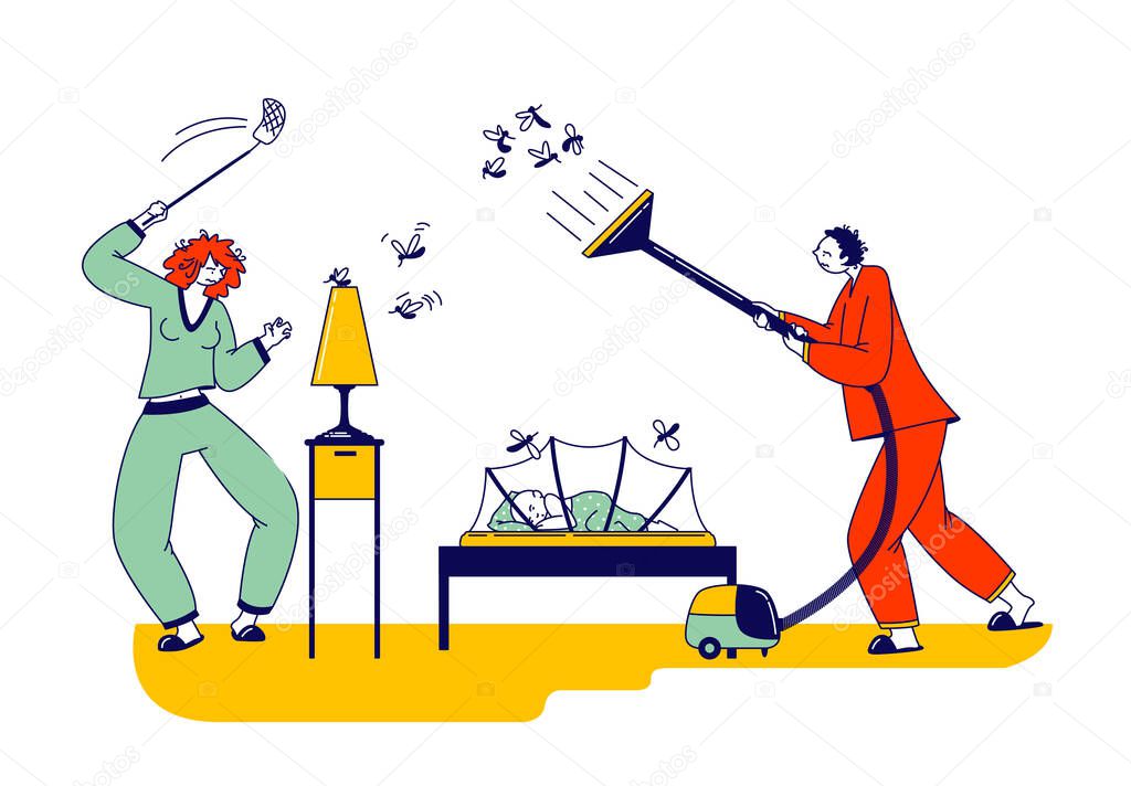 Despair Young Couple Characters Fighting with Mosquito at Night Time, Man and Woman Use Vacuum Cleaner and Fly Swatter