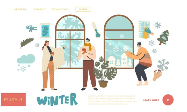 เทมเพลตหน้า Landing Page วันหยุดฤดูหนาว ตัวละครหนุ่มเพลิดเพลินกับมุมมองหน้าต่างฤดูหนาวและเครื่องประดับน้ําค้างแข็ง — ภาพเวกเตอร์สต็อก