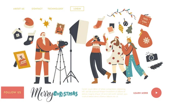 Año Nuevo, Navidad Sesión de fotos Plantilla de página de aterrizaje. Personajes de Chicas Felices Posando en Estudio con Santa Fotógrafa — Vector de stock