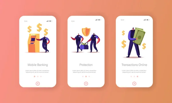 Banking Mobile App Page Modelo de tela a bordo. Armado Cash-in-transit Guarda Personagens Colectores Levar Sacos de ATM — Vetor de Stock