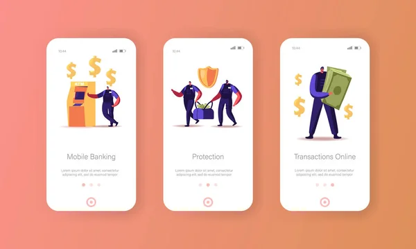 Banking Mobile App Page Plantilla de pantalla a bordo. Personajes armados de la Guardia de Efectivo en Tránsito Los coleccionistas llevan bolsas de cajero automático — Archivo Imágenes Vectoriales