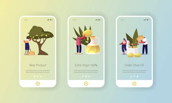 Natives Olivenöl Extra Mobile App Seite Onboard Screen Template. Winzige Zeichen rund um einen riesigen Glaskrug, in dem Oliven angebaut werden — Stockvektor