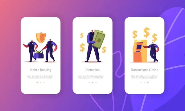 Geld Mobiele App Page Onboard Screen Template. Gewapende cash-in-transit Guard innen contant geld voor vervoer naar de bank — Stockvector