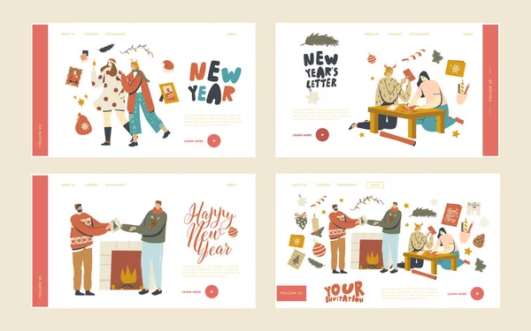 Characters Make and Give Christmas Greeting Cards Landing Page Template Set. Xmas Holidays Celebration, Festive Season — Stock Vector