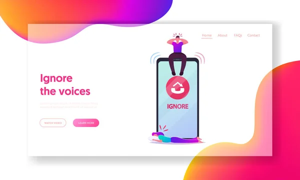 Mulher Chorando Sofre de Namorado Ignorar Landing Page Template. Caráter masculino minúsculo Sente-se em enorme Smartphone ignorando chamada — Vetor de Stock