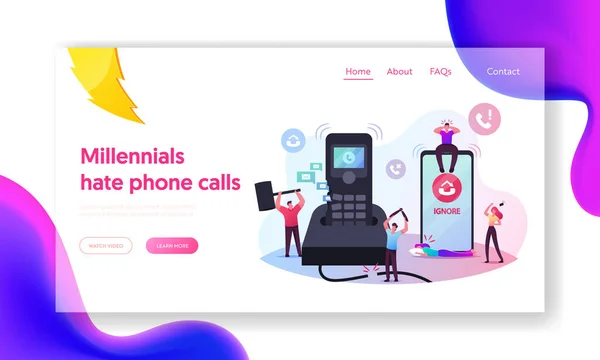 People Ignoring Incoming Calls Landing Page Template. Tiny Male Characters Destroying Huge Calling Telephone — Stock Vector