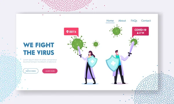 Epidemiology Landing Page Template. Tiny Doctors in Masks Hold Huge Shield and Sword Protecting of Covid Virus Cells. — Stock Vector
