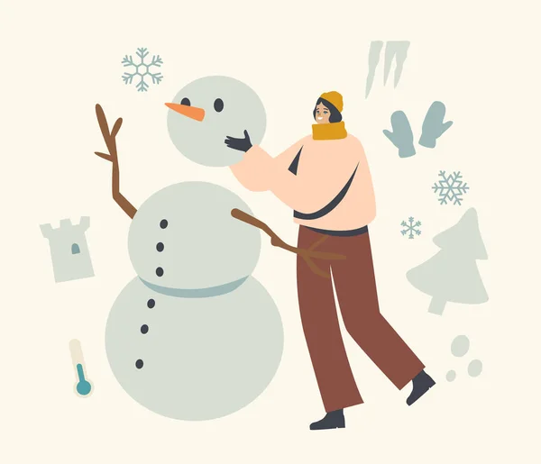 Joven personaje de mujer que se divierte al aire libre hacer muñeco de nieve en Winter Park. Juegos de Nieve de Invierno, Diversión y Relax — Vector de stock