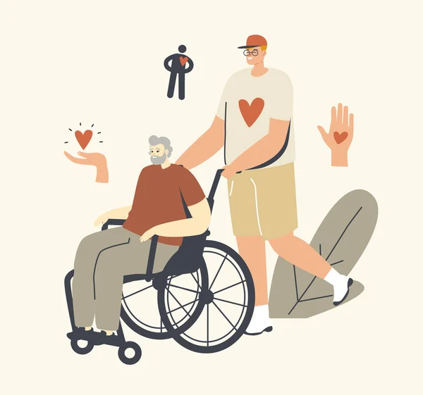 Jovem voluntário ou enfermeiro assistente social de idosos dirigindo o homem doente em cadeira de rodas, personagem ajuda a pessoas com deficiência —  Vetores de Stock