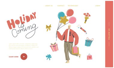Tatil ya da Doğum Günü Kutlama İniş Sayfası Şablonu için Mevcut Karakter Hazırla. Mutlu Adam Balonları ve Hediyeleri Taşır