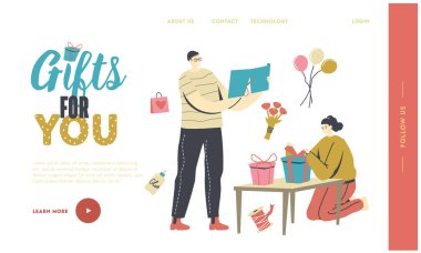 İniş Sayfası Şablonu Sunar. Erkek Kadın Karakterler Paket Kağıdı Kesiyor, İnsanlar Tatil Kutlaması İçin Hediyeler Yapıyor