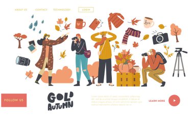 Düşmüş Yapraklar İniş Sayfası Şablonu ile Sonbahar Fotoğrafı Yapan Karakterler. Çiçekler ve Hasat. Sonbahar Etkinliği, Boş Zaman