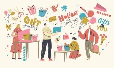 Erkek ve Kadın Karakterler Bayram Kutlamaları için Hediyeler Yapıyor ve Paketliyor, Arkadaşlara ve Ailelere Sıcak Kutlamalar