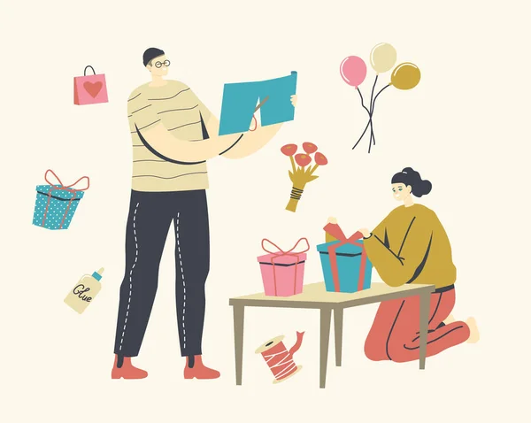 Mannelijke vrouwelijke karakters snijden inpakpapier, het maken van geschenken voor feestdagen viering en warme Gefeliciteerd, cadeautjes — Stockvector