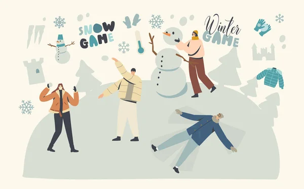 Happy Characters Menikmati Snow Fun dan Winter Holidays Festive Season. Orang Bahagia Membuat Snowman, Bermain Snowballs - Stok Vektor