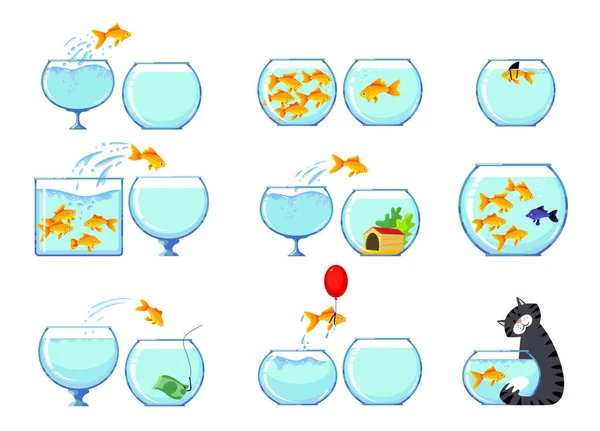 Conjunto de iconos con personajes Goldfish y Cat. Lindas mascotas divertidas para el mercado del zoológico. Gold Fish Nadar y saltar en el acuario — Vector de stock