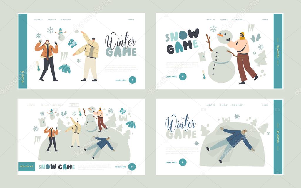 Wintertime Activities and Spare Time Landing Page Template Set. Characters Enjoy Snow and Winter Holidays Festive Season