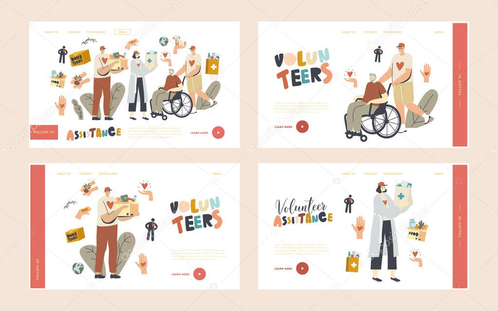 Aged People Aid Landing Page Template Set. Volunteers Help to Seniors Push Wheelchair, Walk Together, Carry Bags