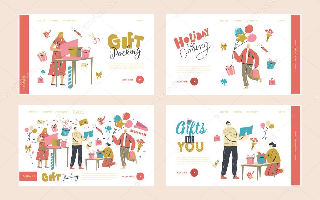 Characters Making and Packing Gift for Holidays Celebration Landing Page Template Set. Congratulations to for Birthday