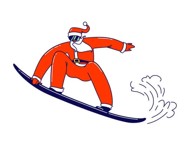 Carácter de Santa Claus Actividad deportiva extrema. El padre Noel en traje tradicional festivo realiza acrobacias en snowboard — Archivo Imágenes Vectoriales