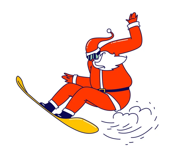 Babbo Natale eseguire acrobazie snowboard. Carattere di Natale in costume tradizionale festivo rosso Estremo divertimento di Natale di ricreazione — Vettoriale Stock