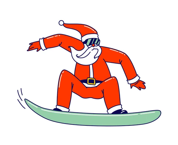 Funny Santa Claus en traje rojo tradicional realiza acrobacias en snowboard. Navidad carácter vacaciones actividad deportiva — Archivo Imágenes Vectoriales